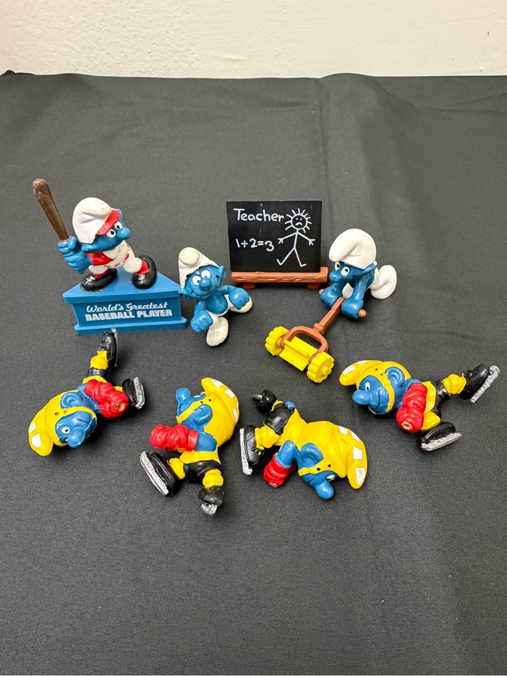 Vintage SMURFS PVC Figures lot of Bagpipe Ice Skater Football School Books